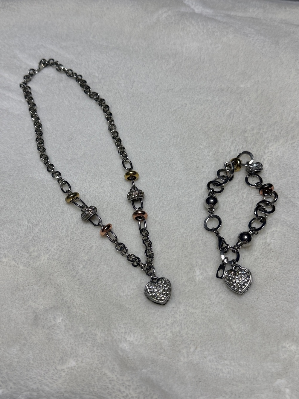 Silver-Tone Heart Pendant Necklace & Bracelet Set - Pave Crystal Accents